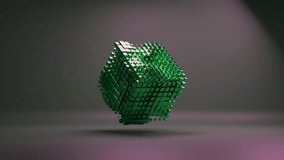 Shimmering metallic green cube, meticulously crafted from numerous smaller geometric blocks, animates and floats against a dark, minimalist background. - Powered by Shutterstock - Get 15% off with code: PIKWIZARD15