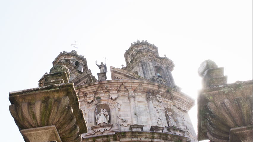 Capela da Virxe on Plaza de la Peregrina square low angle 4K view with two gothic towers architectural masterpiece in Pontevedra cozy town Galicia Northern Spain