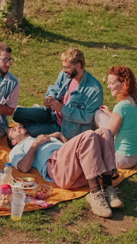 Vertical video, Friends enjoying a picnic outdoors. They are laughing, talking, and having a good time together on a sunny day.