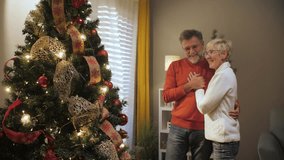 Senior couple sharing romantic dance near sparkling christmas tree, expressing love and joy within cozy home interior during festive winter evening - Powered by Shutterstock - Get 15% off with code: PIKWIZARD15