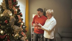 Mature couple lovingly decorating christmas tree, sharing warm embrace in cozy living room during festive holiday season - Powered by Shutterstock - Get 15% off with code: PIKWIZARD15