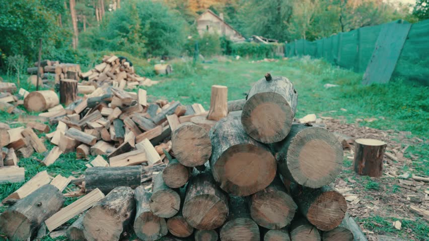 Round Cut Logs Stacked with Chopped Firewood Pile in Background | Home Winter Fuel Preparation in Forest Setting | Seasonal Wood Supply for Rural House Heating