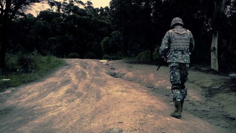 Graded shot of Army soldier walking up a road