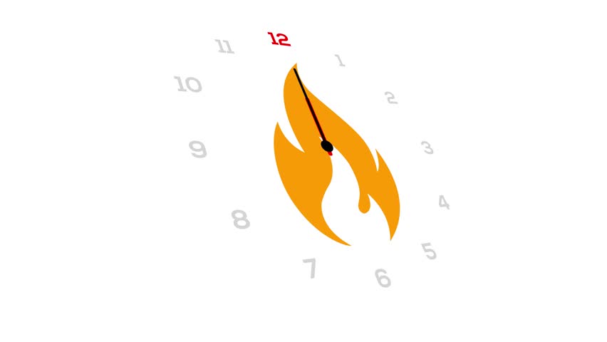 Animated video of a 12-hour clock with a fire flame icon in the center on a white background and rotating camera. - Powered by Shutterstock - Get 15% off with code: PIKWIZARD15