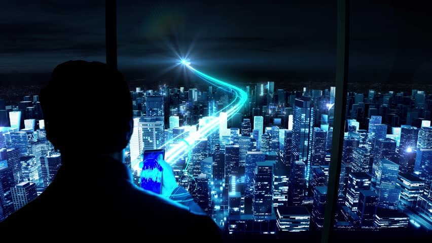 Digital communications 5G lights up the city,Digital city concept.Artificial Intelligence technology in smart city,holographic image. CG background.3d animation. - Powered by Shutterstock - Get 15% off with code: PIKWIZARD15