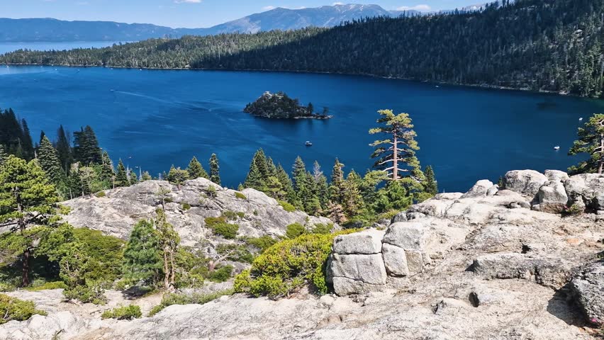 Emerald Bay and Lake Tahoe Coastline on Sunny Summer Day, Lookout Point of View, California USA
