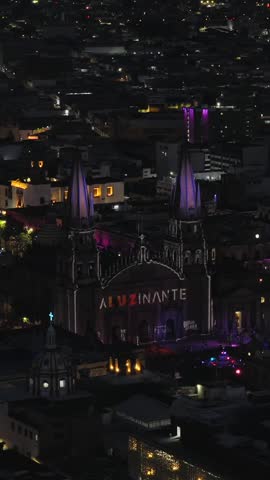 Cathedral of Guadalajara in Jalisco, Mexico. Aerial vertical at night