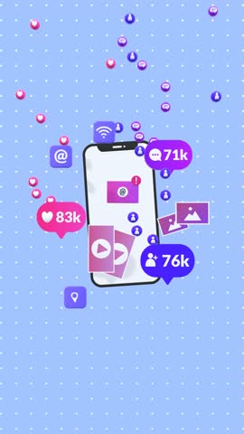3D Animated Smartphone Surrounded By Social Media Icons In Vertical Video Format. Illustrating Digital Connectivity, Online Communication And Social Engagement. Ideal For Marketing, Business Projects.