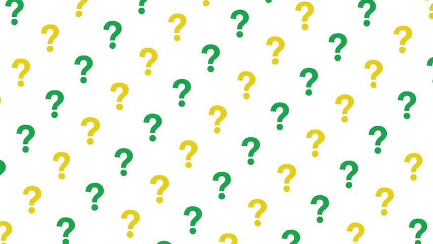 Muted green and soft yellow question icons drift upward with subtle turbulence distortion on a white background. Seamless loop symbolizing quiz, curiosity, inquiry, and knowledge exploration