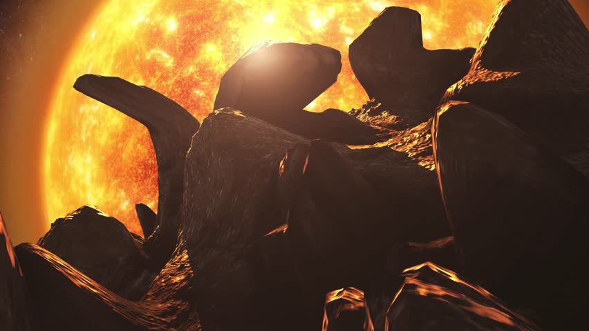 Alien planet close to red giant sun,4K
Rocky terrain burning close to massive sun heat, 3d illustration.

