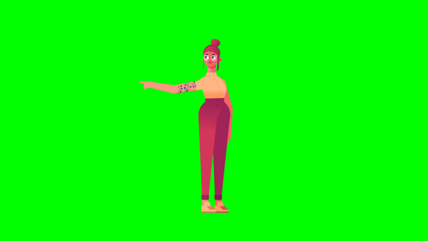 3D hipster female character on green screen pointing gesture, perfect for presentations, explainer videos, creative projects, marketing assets, and versatile digital content