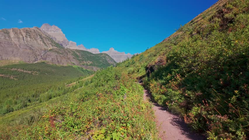 A scenic view captures a majestic mountain range from the Iceberg Lake Trail in Glacier National Park