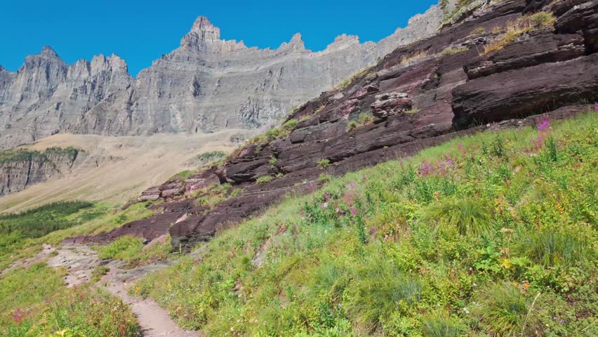 A scenic view captures a majestic mountain range from the Iceberg Lake Trail in Glacier National Park