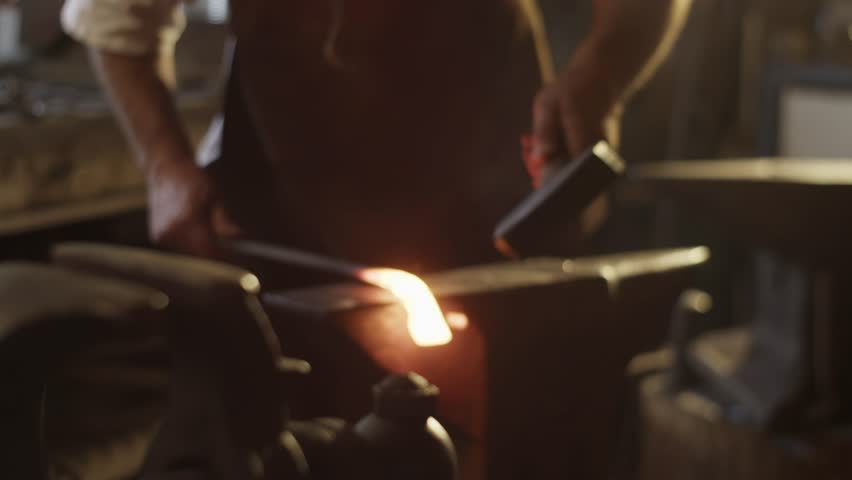 forge furnace with burning flame and blacksmith tools 