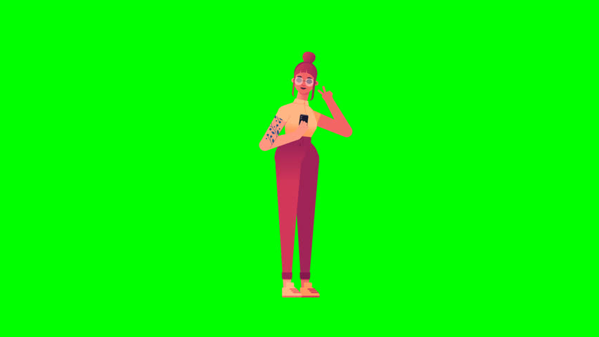 3D hipster female on green screen taking selfie animation, perfect for creative projects, video editing, social media content, explainer videos, and versatile digital assets