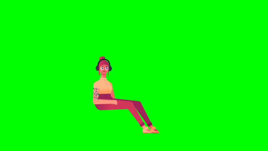 3D hipster female character sitting and listening to music on green screen, perfect for creative projects, video editing, marketing content, explainer videos, and versatile digital assets