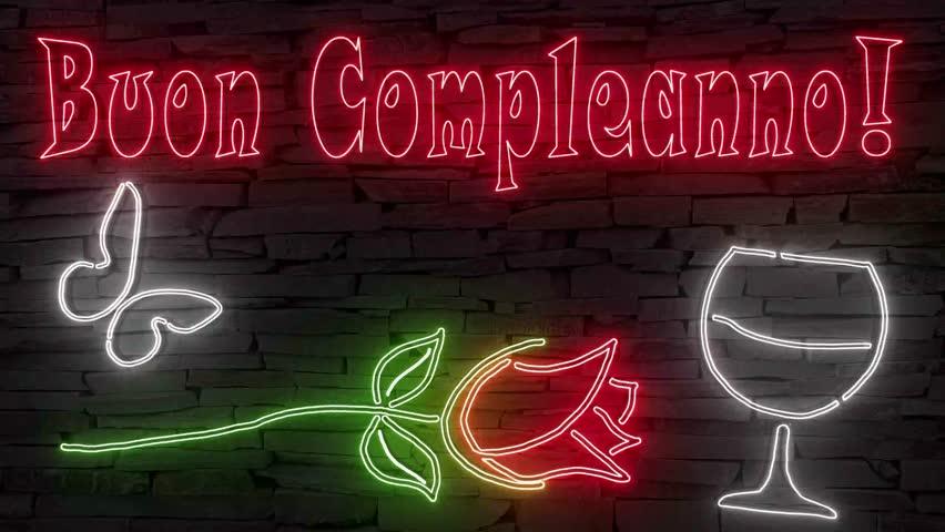 Buon Compleanno! (Italian happy birthday) silhouette of red rose butterfly and wine glass illuminated 3d illustration retro neon signs, happy birthday wishes, so sweet and cute 10s 4k video 