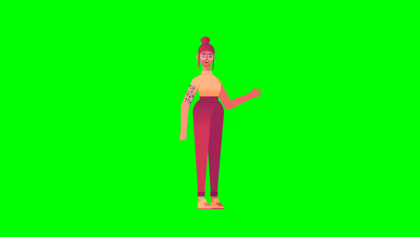 3D hipster female character talking on green screen, perfect for presentations, explainer videos, digital marketing, creative projects, and versatile motion assets

