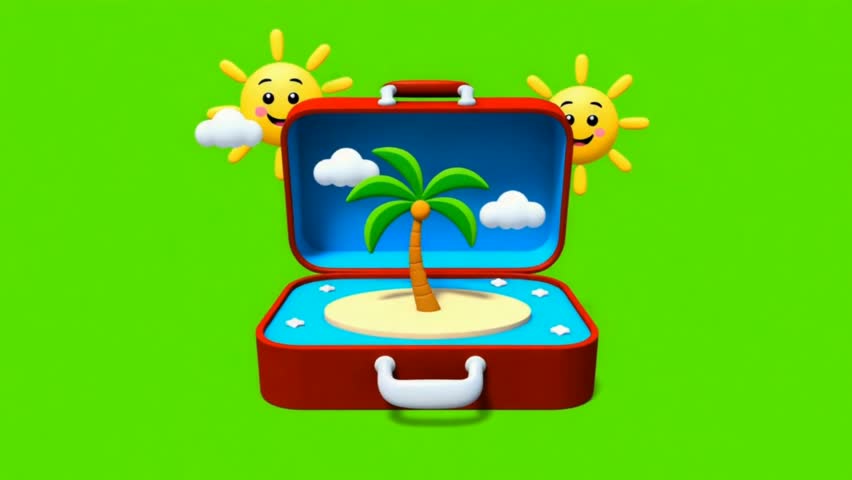 Animated Pop Up Suitcase Icon Revealing Tropical Beach Diorama on Green Screen
