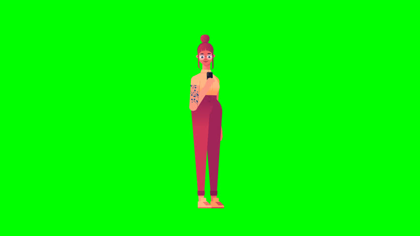 3D hipster female character on green screen texting on smartphone, perfect for creative projects, explainer videos, mobile communication themes, and versatile digital assets