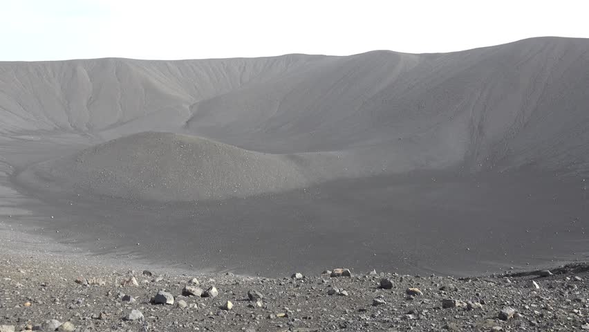 Dramatic view of Hverfjall, a massive volcanic crater in North Iceland. The circular crater rim rises above the surrounding volcanic plains, showcasing the raw geological power and striking landscape 