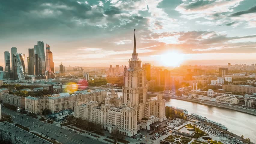 A stunning aerial view of Moscow, Russia, showcasing modern skyscrapers, the Kremlin, Red Square, and the Moscow River. Perfect for drone footage, travel films, and cinematic cityscapes.
