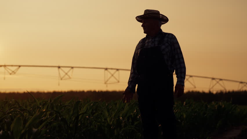 Silhouette of elderly agronomist in countryside in summer sunset, agribusiness. Farmer walking alone in farmland before sunrise, waiting for start of working day, contemplation beauty of nature