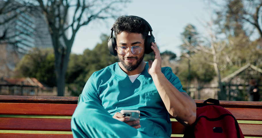 Music, medical and phone with student in college for streaming service, doctor residency or relax. Radio subscription, healthcare intern and University with man listening to headphones for study song