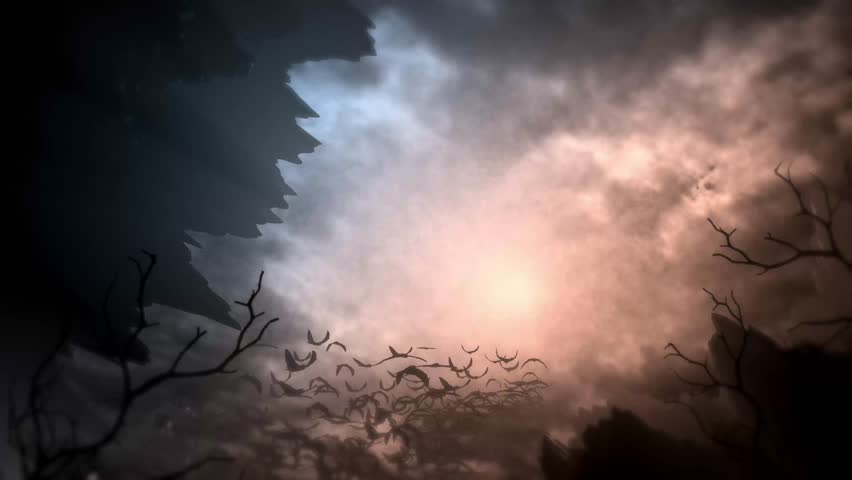 Halloween Animated Scene with Moon Covered in Bats, Dark Clouds, and Silhouetted Trees