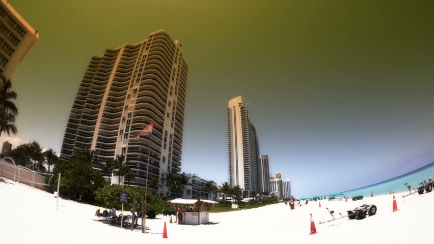 A fish eye look at the hotels and condos on Miami Beach.