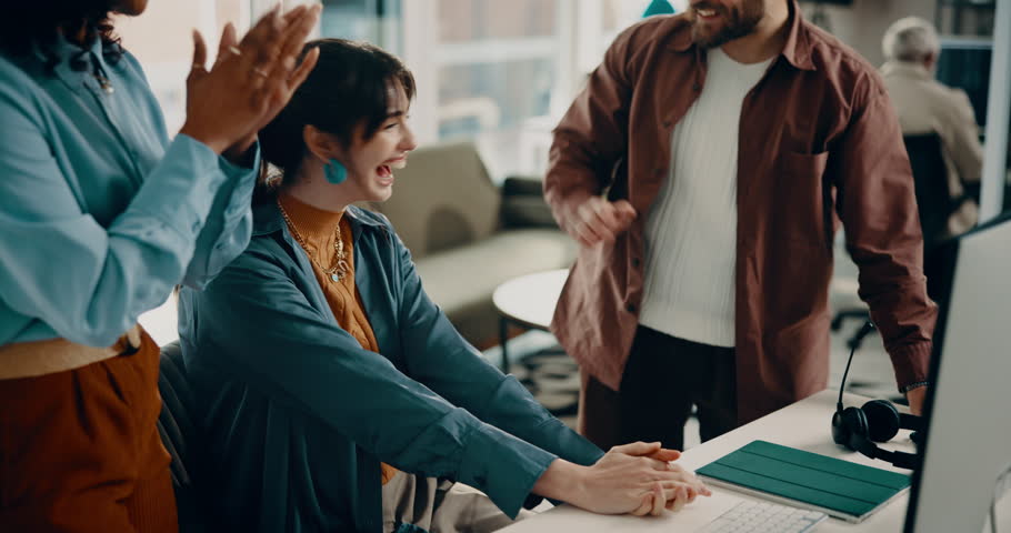 Smile, people and computer with high five at call centre for success, bonus and crm achievement. Excited, staff or applause with pc for sales goals, client feedback and congratulations as team winner