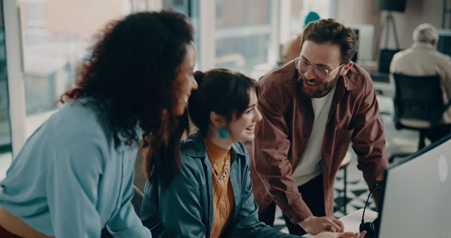 Happy, people and computer with high five at call centre for success, bonus and crm achievement. Excited, staff or applause with pc for sales goals, client feedback and congratulations as team winner