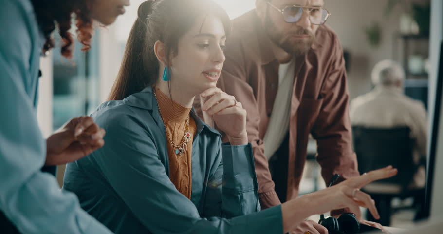 Teamwork, computer or people in office, help or conversation with online magazine. Group, employees or journalist with pc, email or cooperation with feedback, article review or ideas for news report