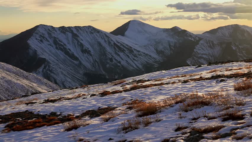Mt Mount Shavano first snow grass Rocky Mountains evening sunset Colorado drone Elbert Huron La Plata Tabeguache Antero Peak fall autumn snow Sawatch Range top of summit cloudy static