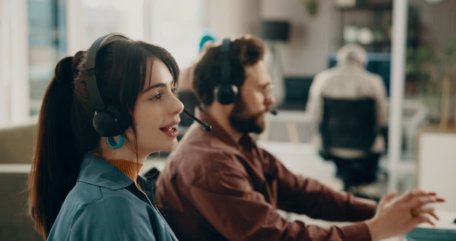 Woman, people and headset in call center for telemarketing, communication and outbound sales. Marketing agent, technology and coworking space in agency with discussion, lead generation and connection