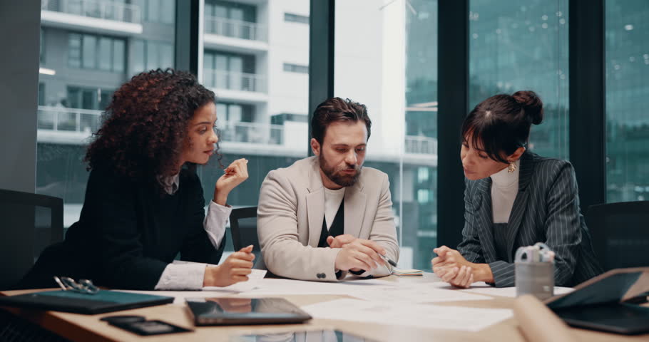 Meeting, talk and people with documents, boardroom and planning for property development or project. Business, real estate developer and paperwork for market research, group and funding potential