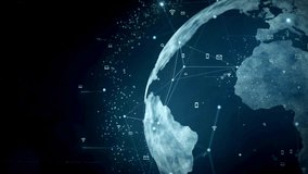 Digital globe with interconnected data points and communication icons representing global network connectivity and information exchange across continents - Powered by Shutterstock - Get 15% off with code: PIKWIZARD15