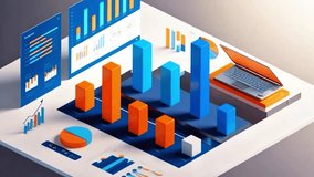 Modern 3D animation showing bar charts, pie chart, and laptop with business data visualization. Perfect for financial analysis, big data, corporate presentations, and digital technology concepts. - Powered by Shutterstock - Get 15% off with code: PIKWIZARD15