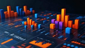 Futuristic 3D data visualization with vibrant bar charts in blue, orange, and purple on a dark background. Ideal for concepts of artificial intelligence, financial markets, and digital analytics - Powered by Shutterstock - Get 15% off with code: PIKWIZARD15
