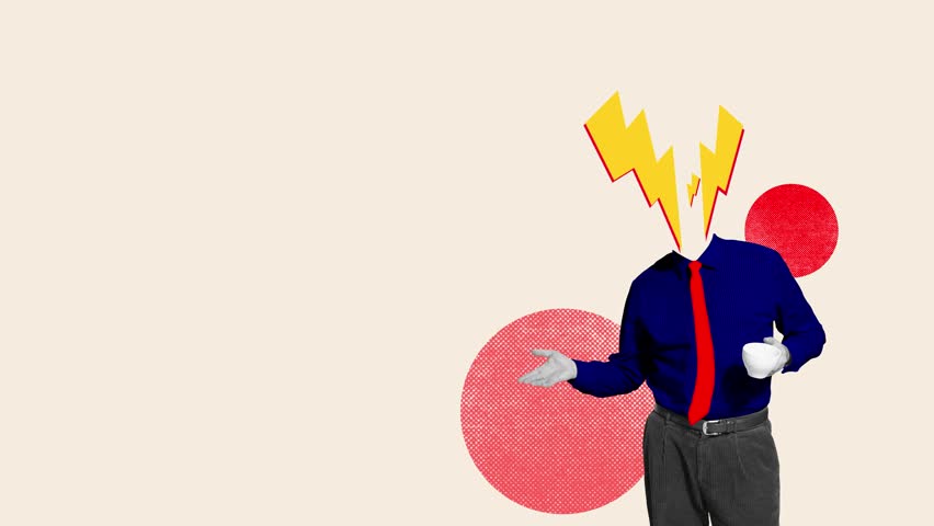 Promo video. Brainstorm Brew. Ideas rise from caffeine storm clouds above head with lightning bolts against neutral background with copy space. Concept of business, brainstorm, creative chaos.
