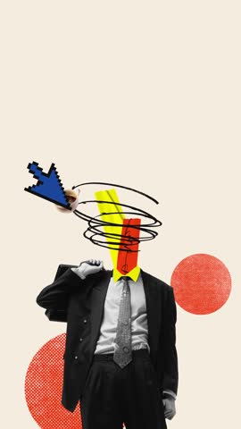 Quirky animation. Inner Tab Manager. Browser tabs replace head showing coffee chat calendar in doodle swirl. Concept of work-life balance, planning, brain overload, productivity.