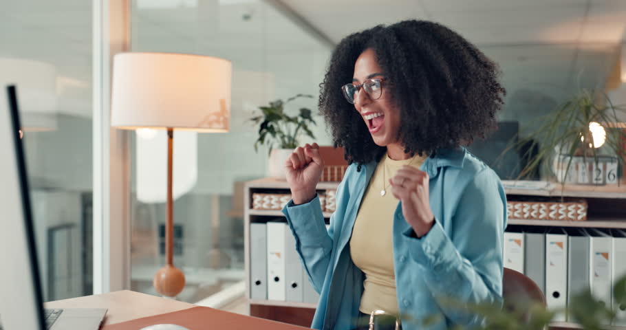 Excited, celebration and woman in office, laptop and success with investment increase. Happy person, financial agency and consultant with pc, profit growth or achievement with promotion or winning