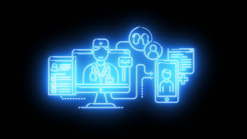 Blue neon glowing corporate business icons on black background