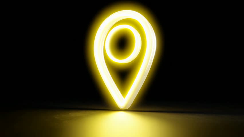 Glowing isolated on black background location map pointer icon. Modern technology concept for pinpointing destination. Navigation system for travel. Yellow point.