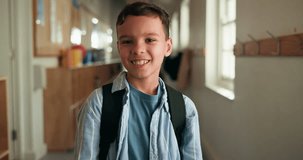 Happy, backpack and face of child at school with confidence for education, learning or development. Smile, student and portrait of boy kid from Mexico with pride for academic growth at campus. - Powered by Shutterstock - Get 15% off with code: PIKWIZARD15