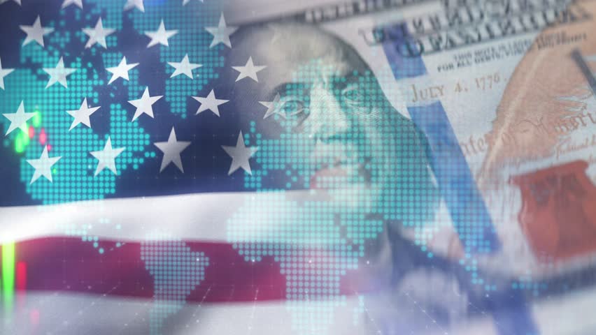 Digital Representation of American Flag Overlays Financial Chart and US Dollar Bill, Symbolizing Intersection of National Economy, Global Markets, and Investment USAs Stock Market and Currency - Powered by Shutterstock - Get 15% off with code: PIKWIZARD15