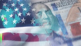 Digital Representation of American Flag Overlays Financial Chart and US Dollar Bill, Symbolizing Intersection of National Economy, Global Markets, and Investment USAs Stock Market and Currency - Powered by Shutterstock - Get 15% off with code: PIKWIZARD15