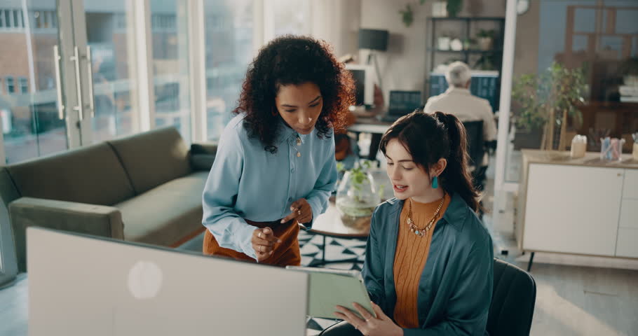 Creative, people and tablet with advice in office for story feedback, article review or fast checking. Coworking, journalist and help intern with headline and proofreading blog at publishing agency