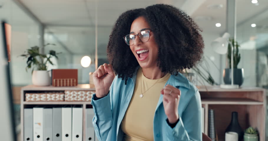 Success, celebration and woman in office, laptop and achievement with profit increase. Person, financial agency or consultant with pc, excited or bonus with investment deal, promotion or stock market