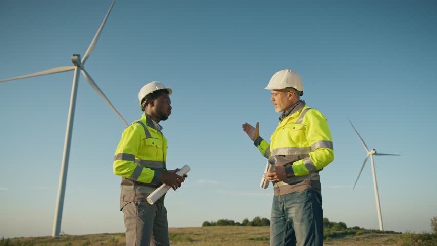 Two engineers in safety helmets and reflective jackets shaking hands in field near wind turbines. Workers holding rolled documents after discussion. Colleagues confirming renewable energy agreement.